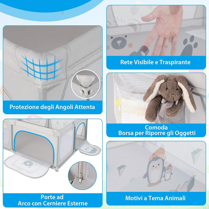 Recinto per Bambini, Box per Bambini con Rete Traspirante, Centro Attività per Bambini con 50 Palline, Box Giochi per Bambini 0-3 Anni (Pinguini, 206 x 147 cm)