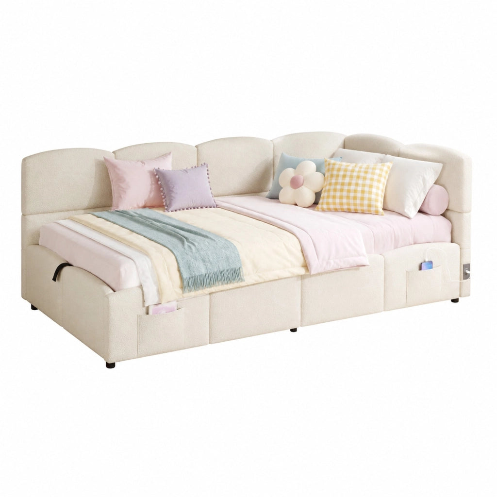 Letto singolo imbottito 90x200 cm in bouclé beige con contenitore idraulico, porte USB-A/USB-C e tasche laterali
