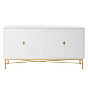 Credenza Bianca con 4 Porte, Superficie Testurizzata e Maniglie Dorate Spazzolate, 160×40×82 cm