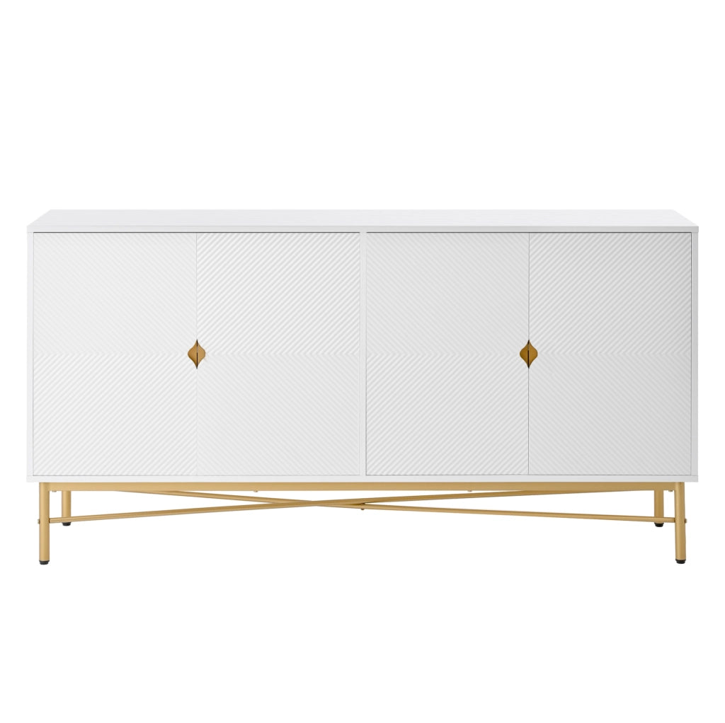 Credenza Bianca con 4 Porte, Superficie Testurizzata e Maniglie Dorate Spazzolate, 160×40×82 cm