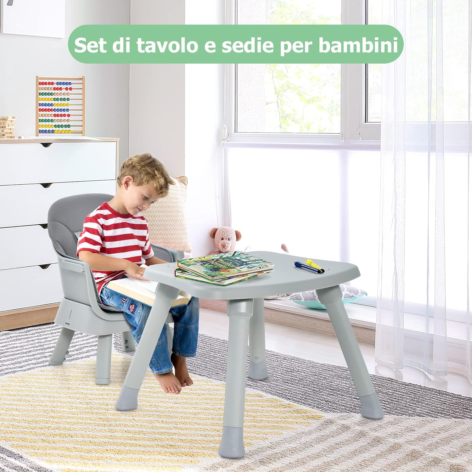 Seggiolone Pappa per Bambini 6 in 1, Seggiolone per Neonati Convertibile, Tavolo per Costruzioni per Bambini, con Imbracatura a 5 Punti, per Bambini da 6 Mesi fino 3 Anni (Grigio)