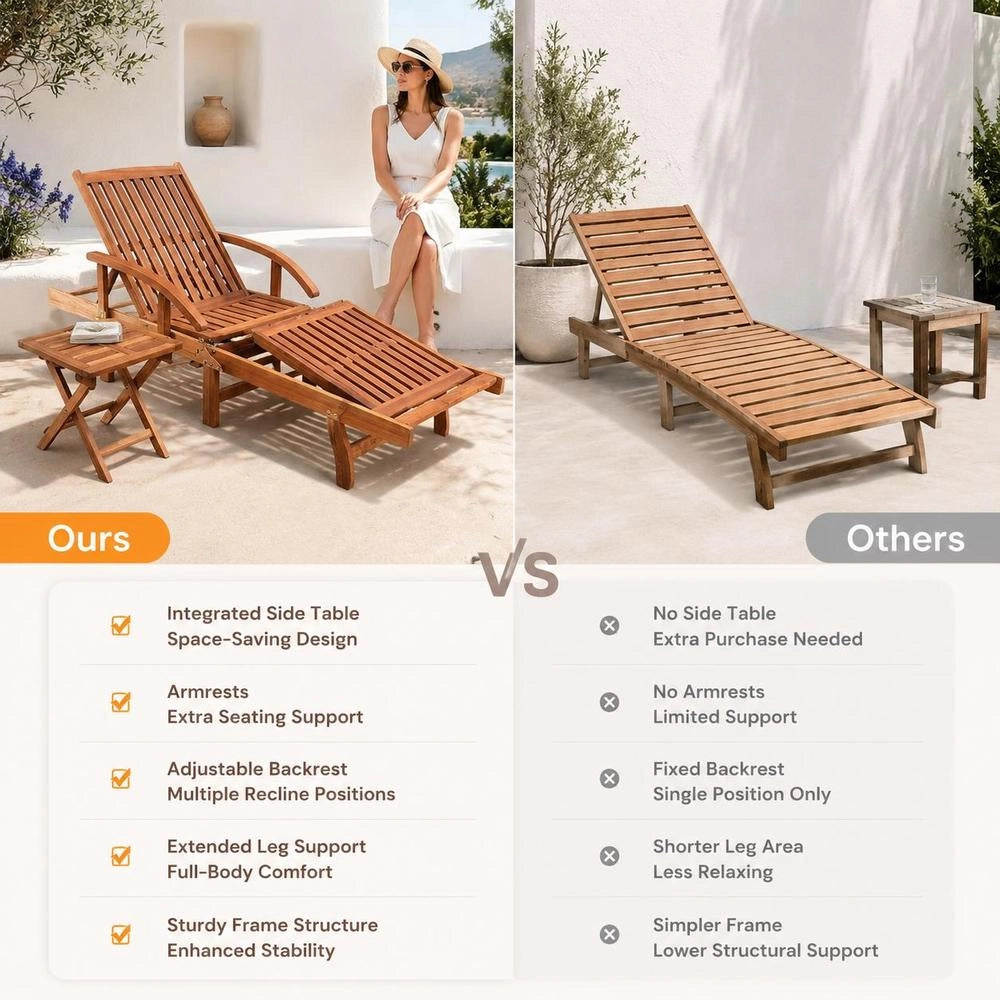 Sun Lounger With Table, Solid Acacia Wood