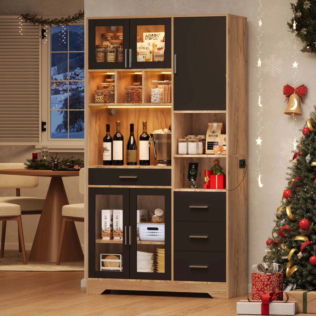 Credenza Vetrina da Cucina con Ripiani Regolabili e LED ¨C MINIMAL ¨C 185x100x40 cm