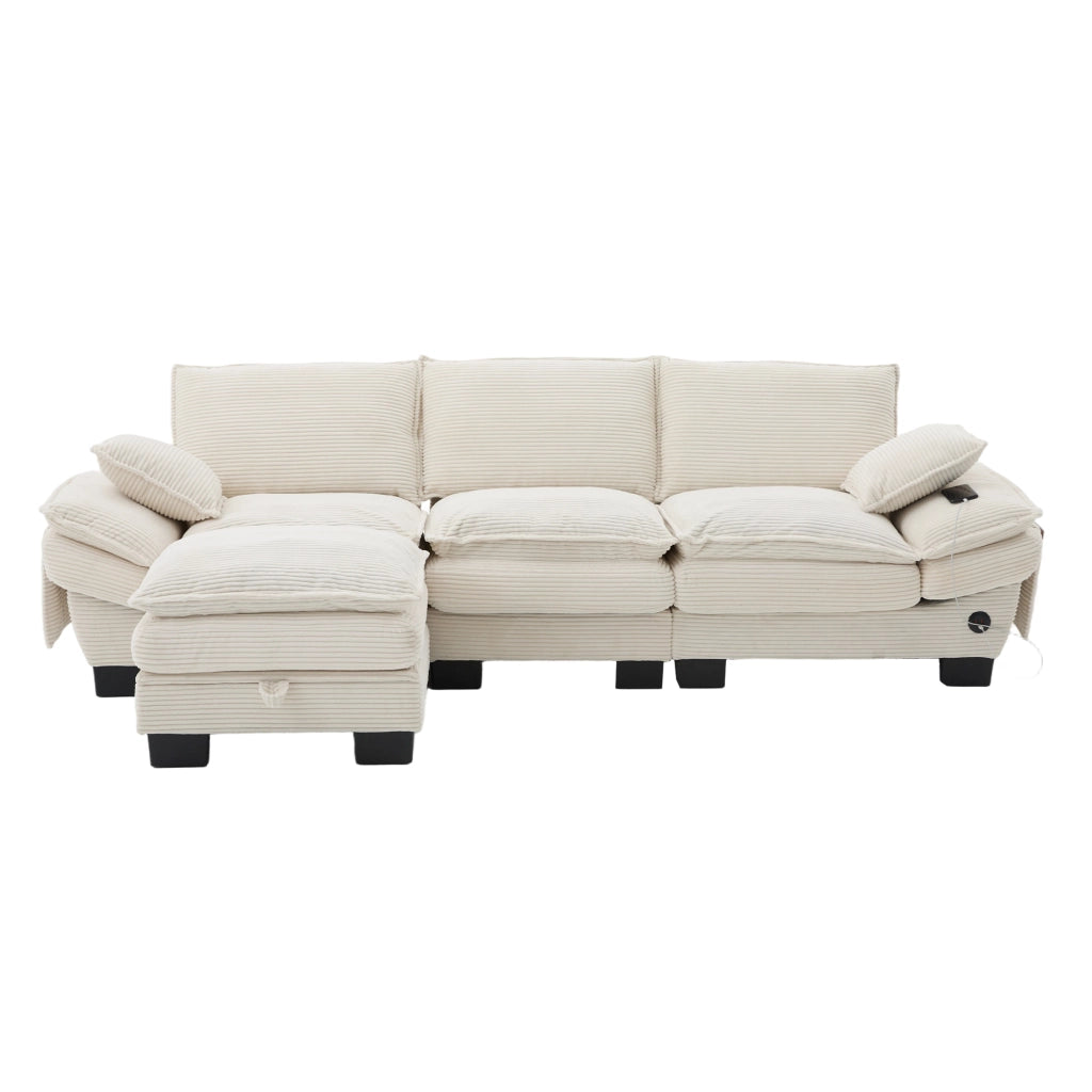 Divano 3 Posti con Poggiapiedi in Tessuto a Coste ¨C MINIMAL ¨C Beige, Cuscini, Braccioli