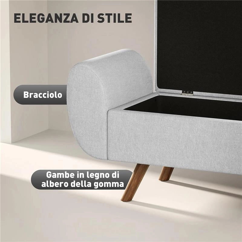 PANCA CONTENITORE FONDO LETTO CON BRACCIOLI IN TESSUTO GAMBE IN LEGNO E VANO DA 53.8L 132X42X50 CM GRIGIO