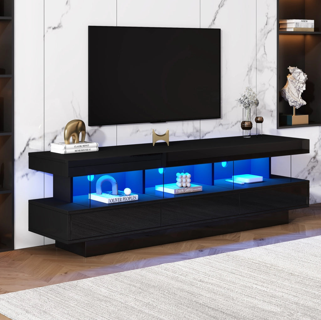 Mobile TV nero lucido 160 cm con LED Bluetooth e 3 vani in vetro