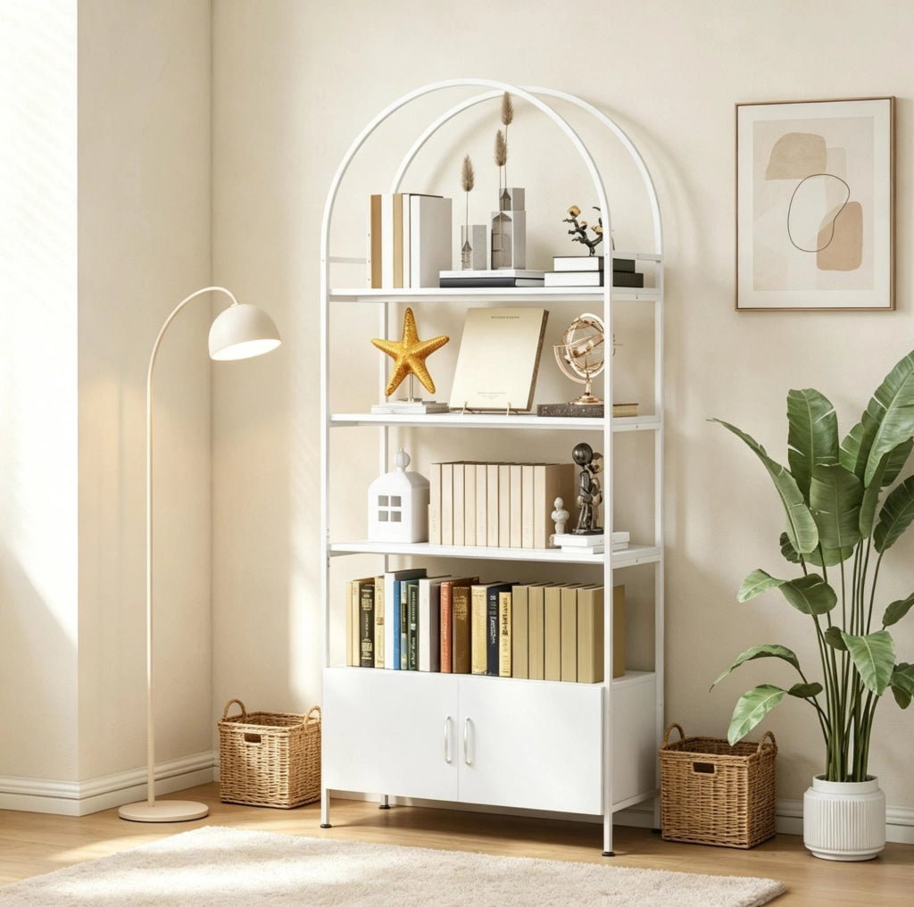 Libreria ad arco 187 cm con 3 ripiani e armadietto a doppia anta, bianca