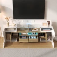 Mobile TV con illuminazione LED, superfici in vetro, con 6 ante, 2 cassetti e 3 scomparti, 145x30x51 cm, Bianco e Legno naturale