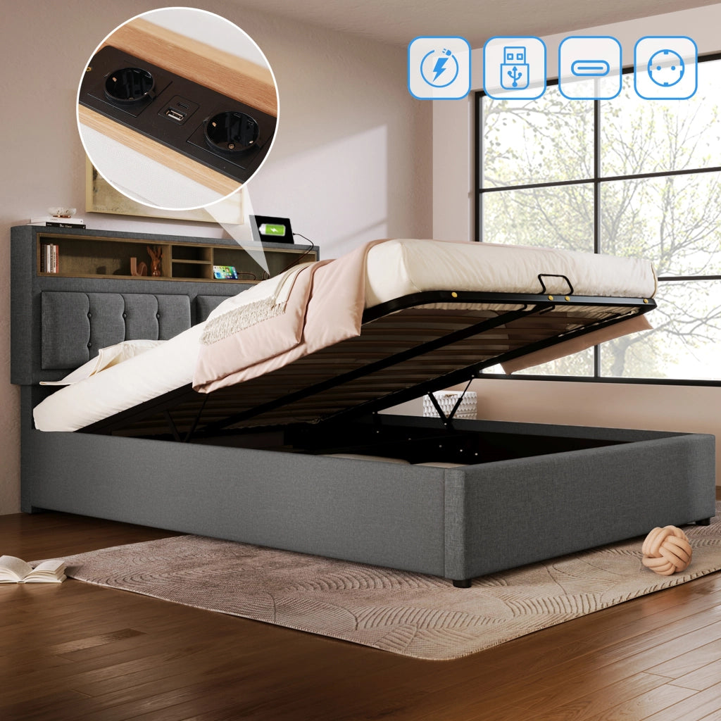 LETTO Contenitore 140x200 cm in lino grigio con testiera regolabile e prese USB