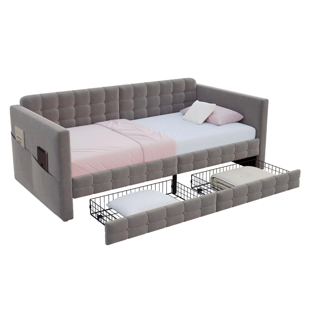 Letto imbottito 90x190 cm con testiera capitonn茅; tasche laterali e 2 cassetti; velluto grigio