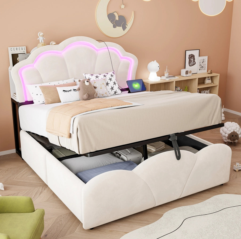 Letto imbottito 140x200 cm in velluto beige con contenitore idraulico; LED e prese integrate