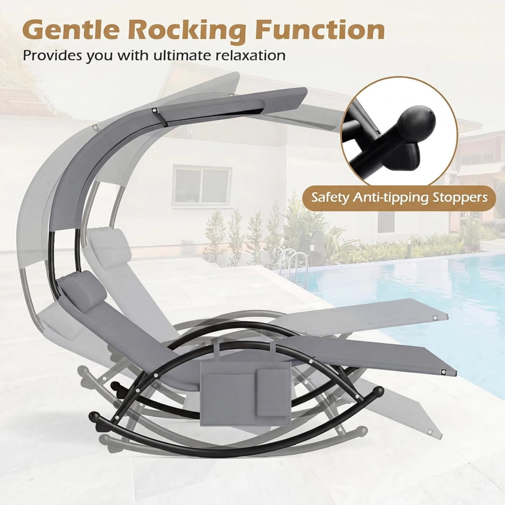 Poltrona a Dondolo Doppia, Lettino a Dondolo con Tettoia, Cuscini Poggiatesta, Braccioli e Struttura in Metallo, Lettino a Dondolo per Patio, Cortile, Bordo Piscina (Grigio)