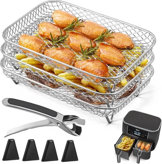Griglia per Airfryer, compatibile con Airfryer doppio, 3 strati di griglia deidratante, griglia rettangolare in acciaio inossidabile, con clip e piedini elevati, compatibile con Airfryer a doppia ciotola.