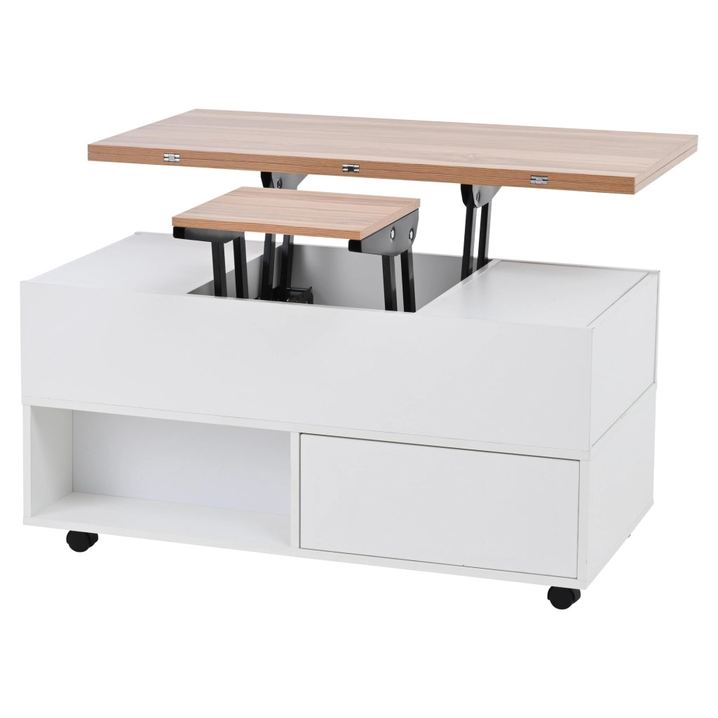 Tavolino da salotto elevabile e allungabile 100x50 cm con cassetti; bianco e rovere