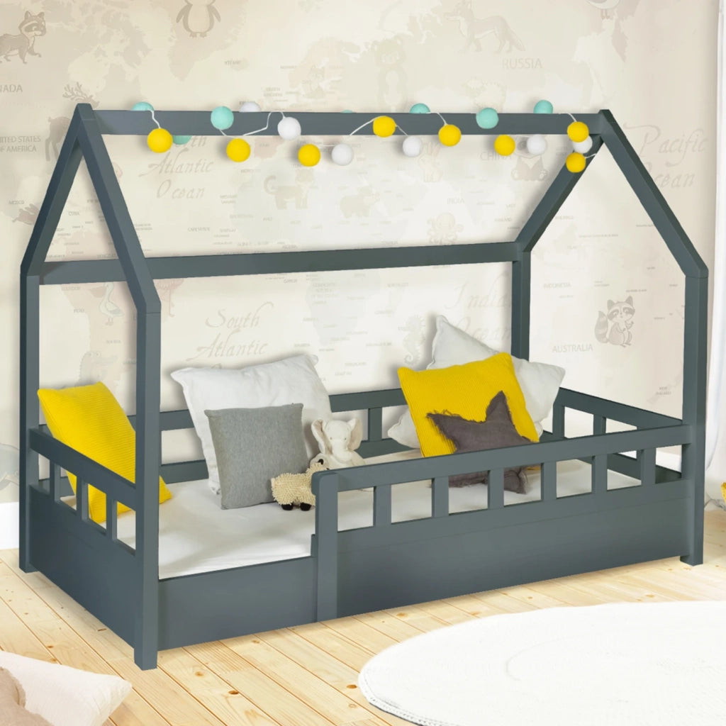 IDMarket - Letto a capanna per bambini 80 x 160 CM NEREE grigio con struttura letta e sponde
