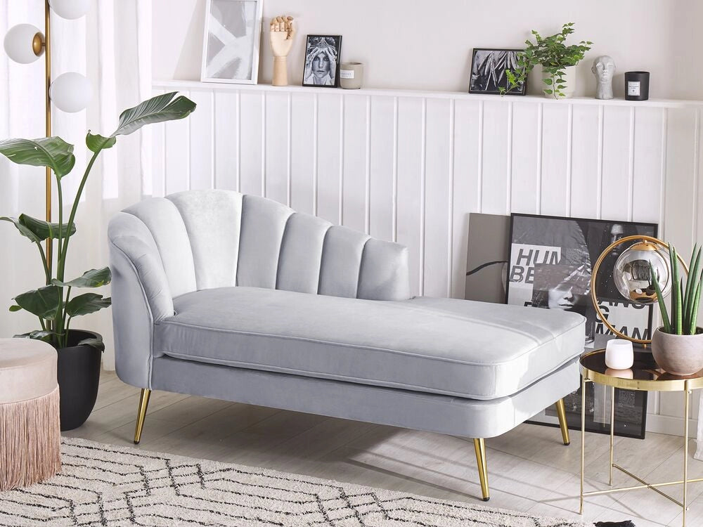 Chaise longue Velluto Grigio Chiaro Rivestimento Gambe In Metallo dorato versione sinistra