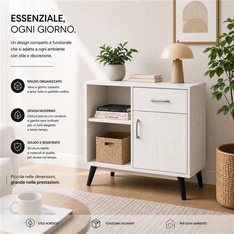 MOBILE MODERNO IN LEGNO CON 2 RIPIANI, 1 ANTA E CASSETTO COLORE BIANCO DIMENSIONI 94X38X74 CM