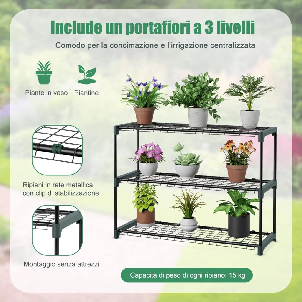 Serra da Giardino da Parete, Serra da Esterno Walk-in con Copertura in PE Resistente alle Intemperie, Porte a Cerniera Avvolgibili e Scaffale Porta Piante, 200 x 100 x 215 cm