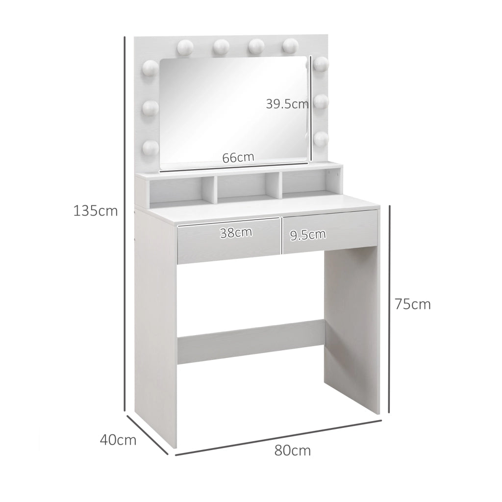 Tavolo da Trucco con Specchio e Luci LED, Cassetti ¨C zephmum ¨C Bianco, 80x40x135 cm