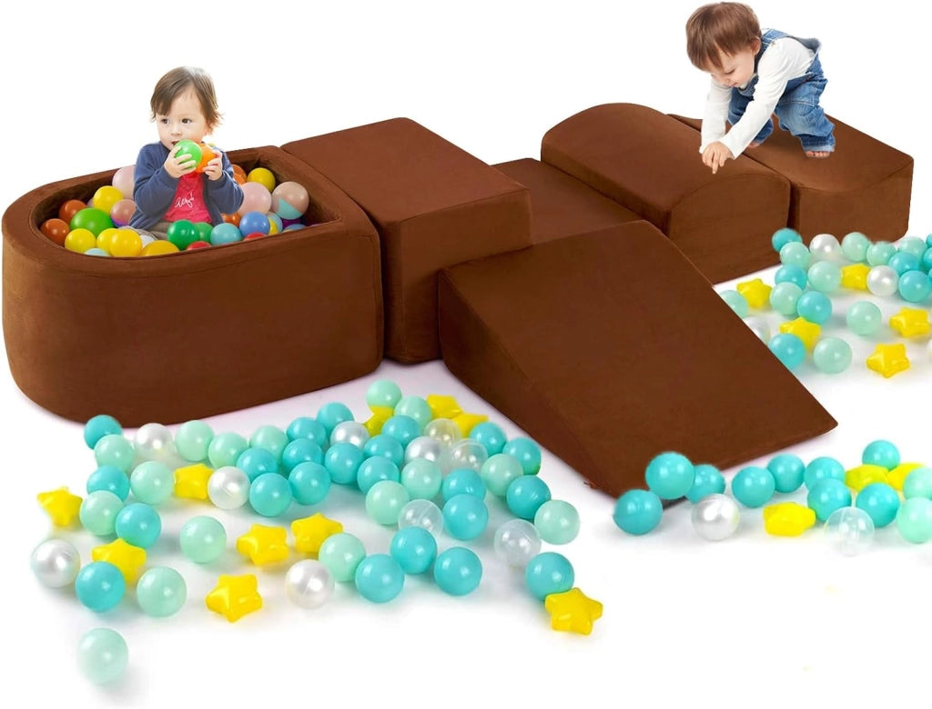 Set di 5 Pezzi Gioco in Schiuma, Blocchi con Piscina di Palline per Bambini, Coperture Lavabili con Cerniere, Blocchi Creativi per Stanza di Giocattoli, Camera da Letto (Marrone)
