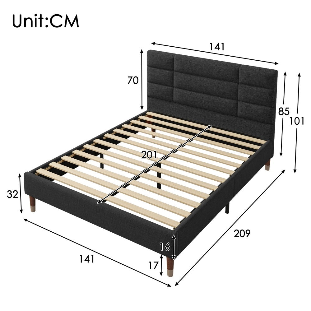 Letto Imbottito Matrimoniale con Rete a Doghe e Materasso ¨C MINIMAL ¨C Nero, Tessuto Lino, 140x200