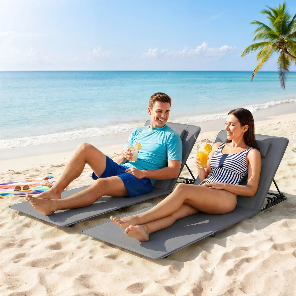Set 2 Lettini da Spiaggia Pieghevoli con Schienale Regolabile e Cuscino ¨C Zephmum ¨C Grigio