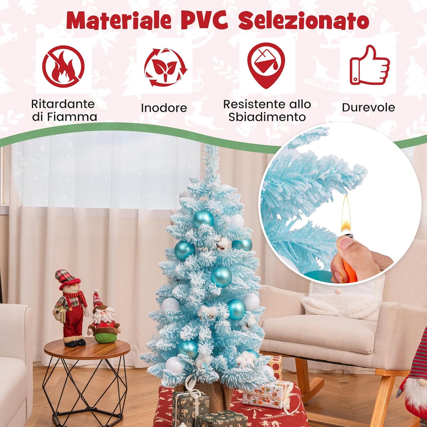 Albero di Natale Artificiale Mini 90 cm, Albero di Natale Innevato da Tavolo con 12 Palline di Cotone Naturale, 24 Palline Decorative e Rami Imbiancati, Decorazione per Feste (Celeste)