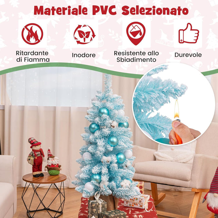 Albero di Natale Artificiale Mini 90 cm, Albero di Natale Innevato da Tavolo con 12 Palline di Cotone Naturale, 24 Palline Decorative e Rami Imbiancati, Decorazione per Feste (Celeste)
