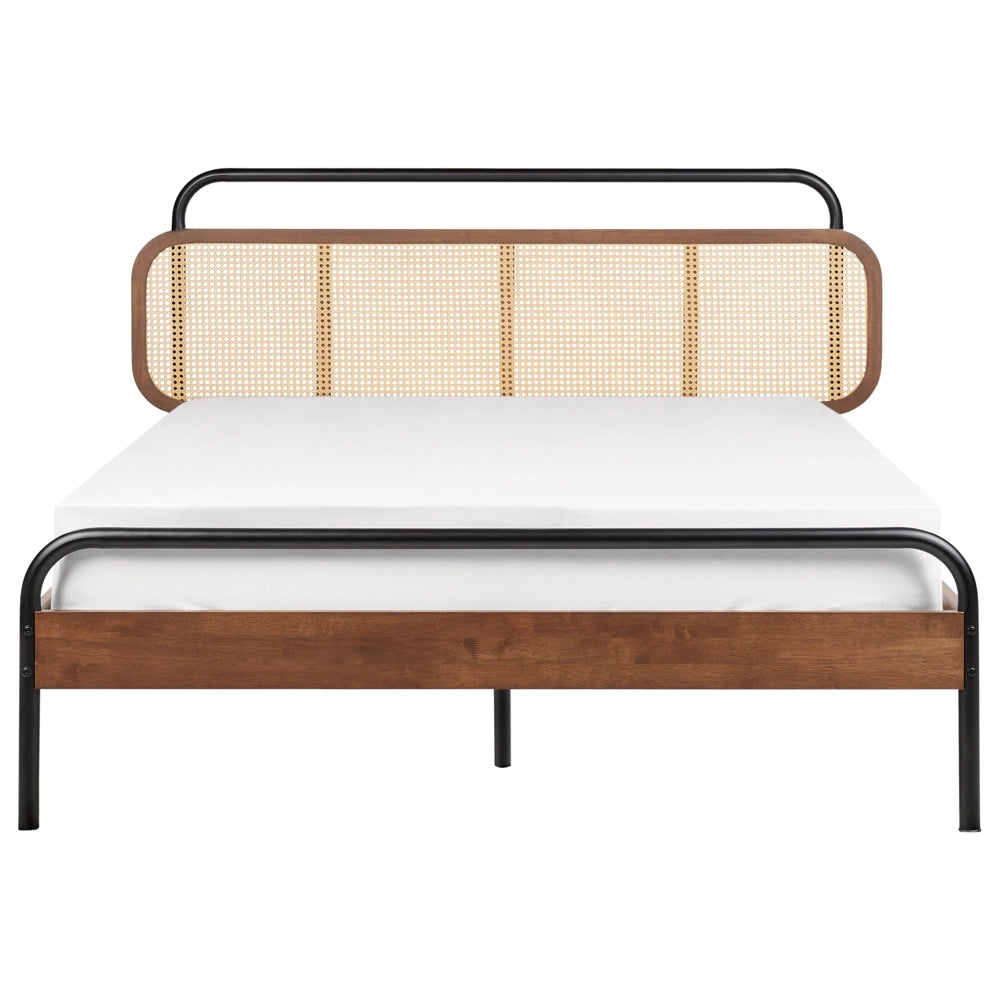 Letto matrimoniale moderno base a doghe con testata a treccia viennese in legno di gomma scuro 140 x 200 cm