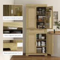 Credenza Cucina Stile Boho con 2 Armadietti, Cassetto e Portaspezie in Legno e Rattan, 76x40x183cm, Rovere