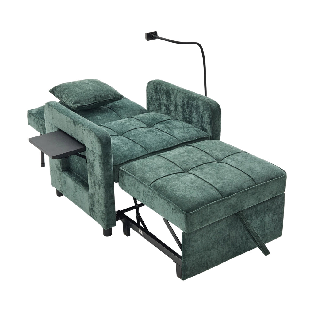 Poltrona letto convertibile extra lunga con schienale regolabile, tasche laterali e vassoio laterale in ciniglia verde