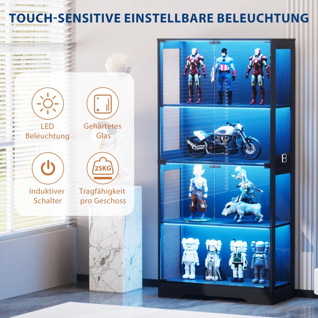 Vetrina in vetro a 4 livelli con ante in vetro; illuminazione LED a tre colori e sensore di movimento; per soggiorno e camera; 80 × 35 × 165 cm