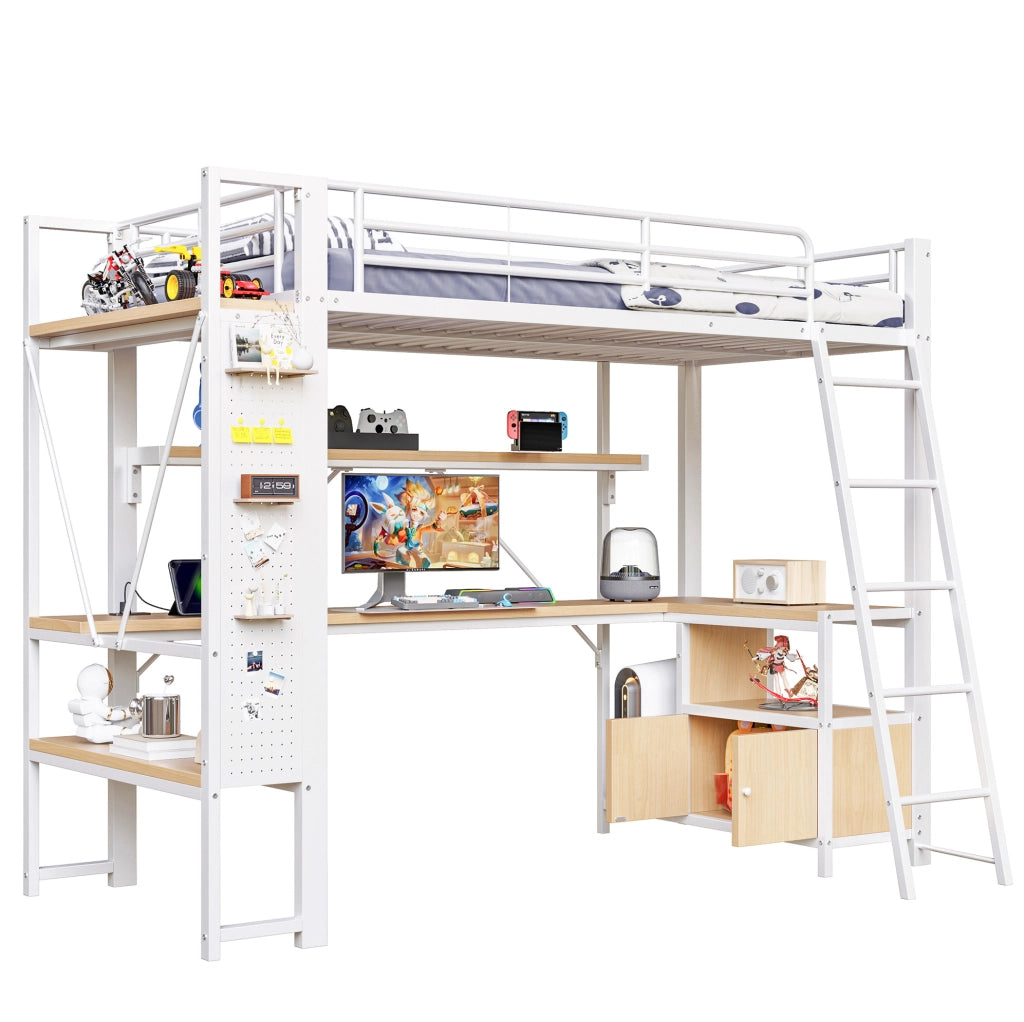 LETTO A CASTELLO 90 x 200 cm CON SCRIVANIA, LED, USB, BIANCO