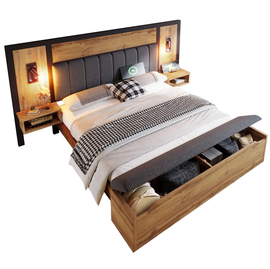 Letto matrimoniale 180x200 cm con luci da lettura; USB C e panca contenitore; rovere