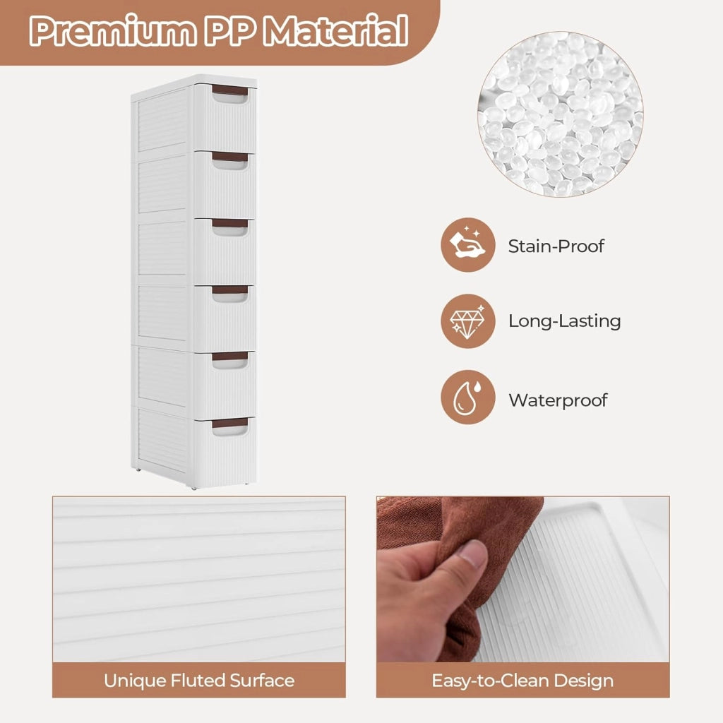 Mobiletto Stretto con Ruote, Carrello e Organizzatore Slim con 3/4/5/6 Cassetti per Spazi Piccoli, Cassettiera di Plastica per Soggiorno, Bagno, Cucina, Bianco (42 x 19 x 109 cm)