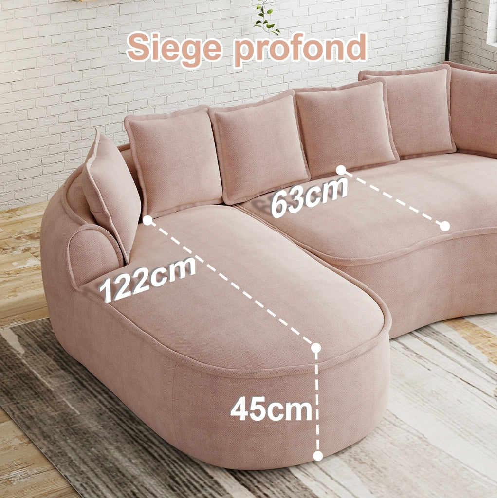 Divano modulare doppio in tessuto chenille rosa con chaise longue extra profonda e cuscini inclusi