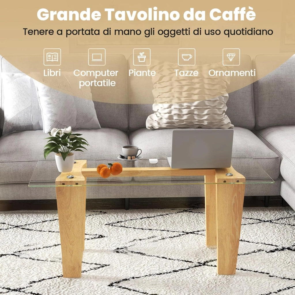 Tavolino da Caffè per Salotto, Tavolino Rettangolare in Vetro Temperato e Legno Massicio di Gomma, Tavolino da Divano Moderno per Soggiorno, 100 x 50 x 41 cm, Naturale