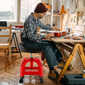 Sgabello da Officina, Sgabello Meccanico Rotante con Vassoio Porta Attrezzi, Regolabile in Altezza e 4 Ruote Universali, capacità di 150 kg, per Garage, Officina (Rosso)