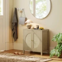 Credenza da Cucina con 2 Porte in Rattan, Scaffale Regolabile e 2 Maniglie 75x38x77 cm Legno Naturale