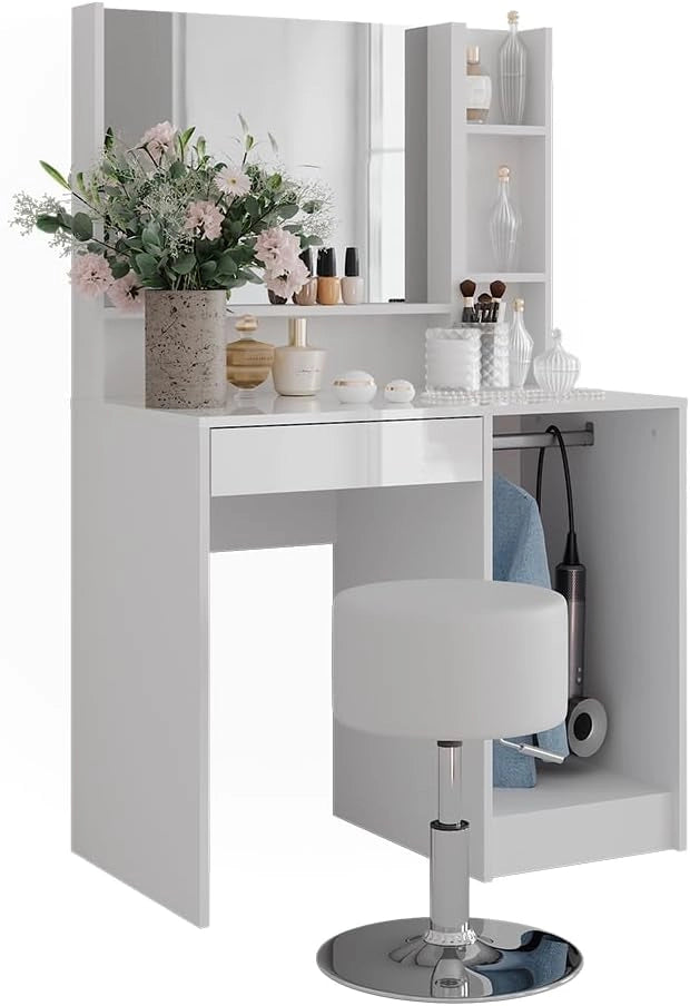 Tavolo da toeletta Sherry, Bianco/bianco lucido, 89.8 cm 4 parti
