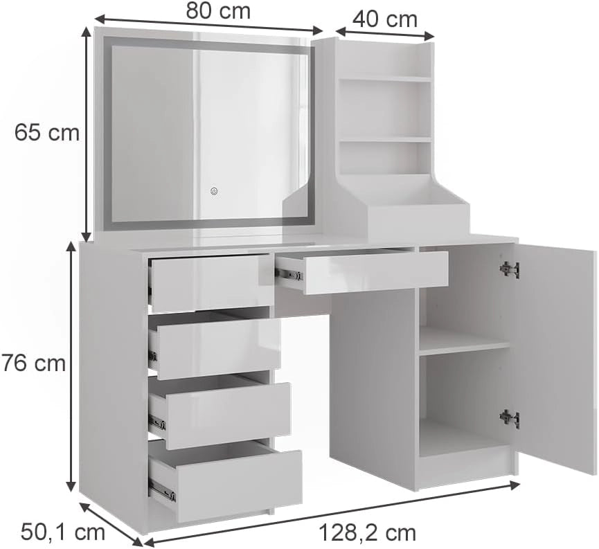 Tavolo da toeletta Sherry, Bianco/bianco lucido, 128.2 cm 4 parti