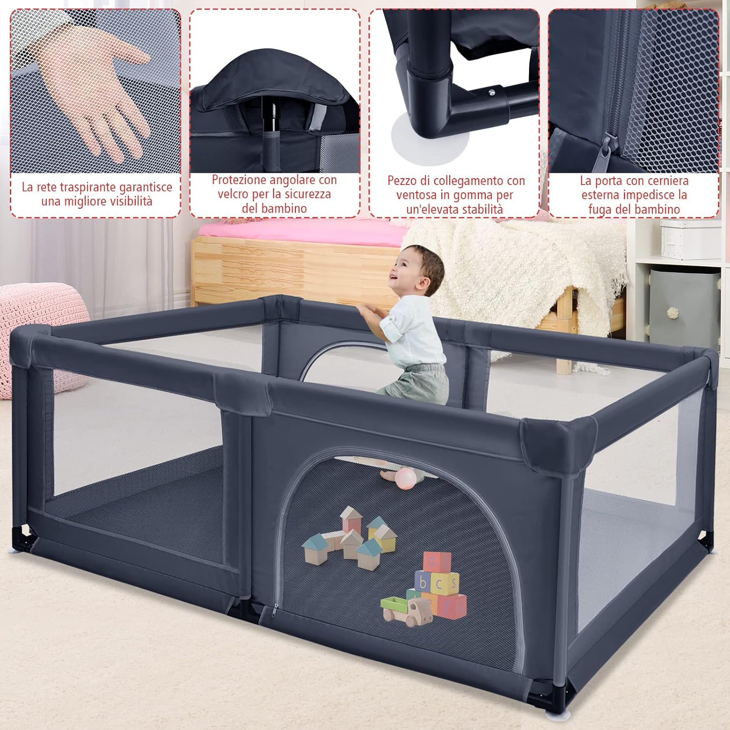 Box per Bambini, Centro Attività Portatile e Sicuro per Bambini, Box Colorato con Cancello, Recinto Extra per Interno ed Esterno con Rete Traspirante Durevole (Grigio scuro)