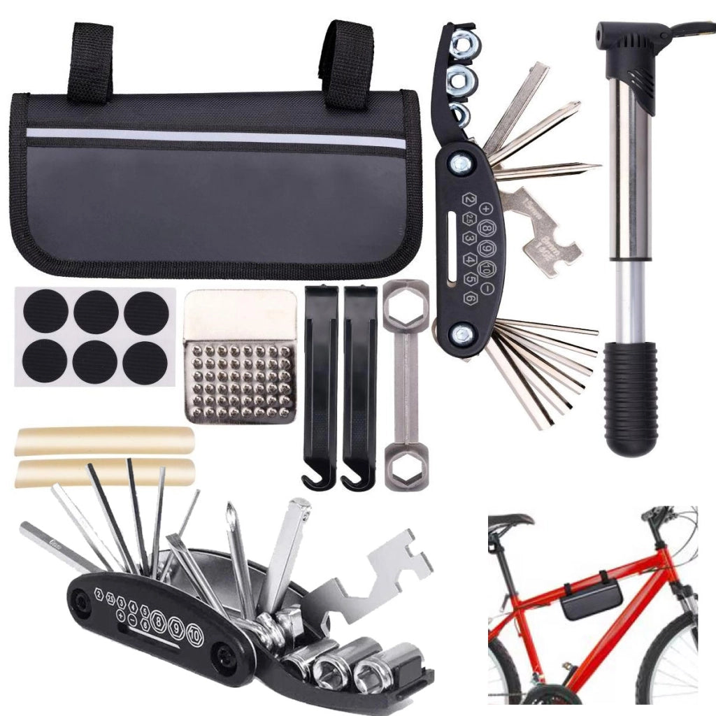Kit 14 Attrezzi per Riparazione Bicicletta Multiuso Custodia Chiusura a Velcro