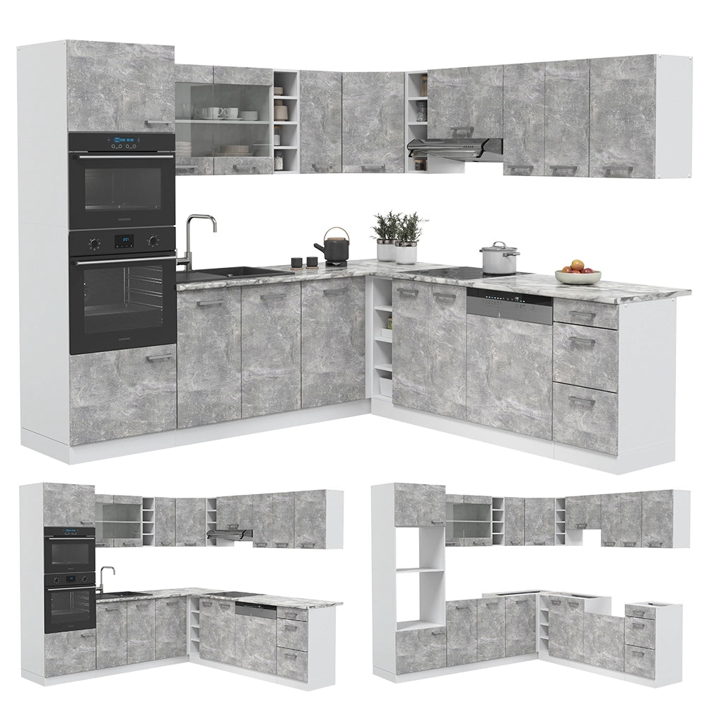 Cucina angolare completa R-Line Calcestruzzo/Bianco 247 x 237 cm, PL Antracite Vicco