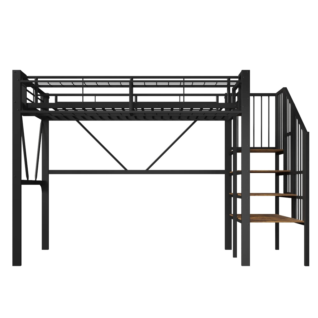 Letto a soppalco 90x200 cm in metallo e MDF con scala a ripiani e LED nero