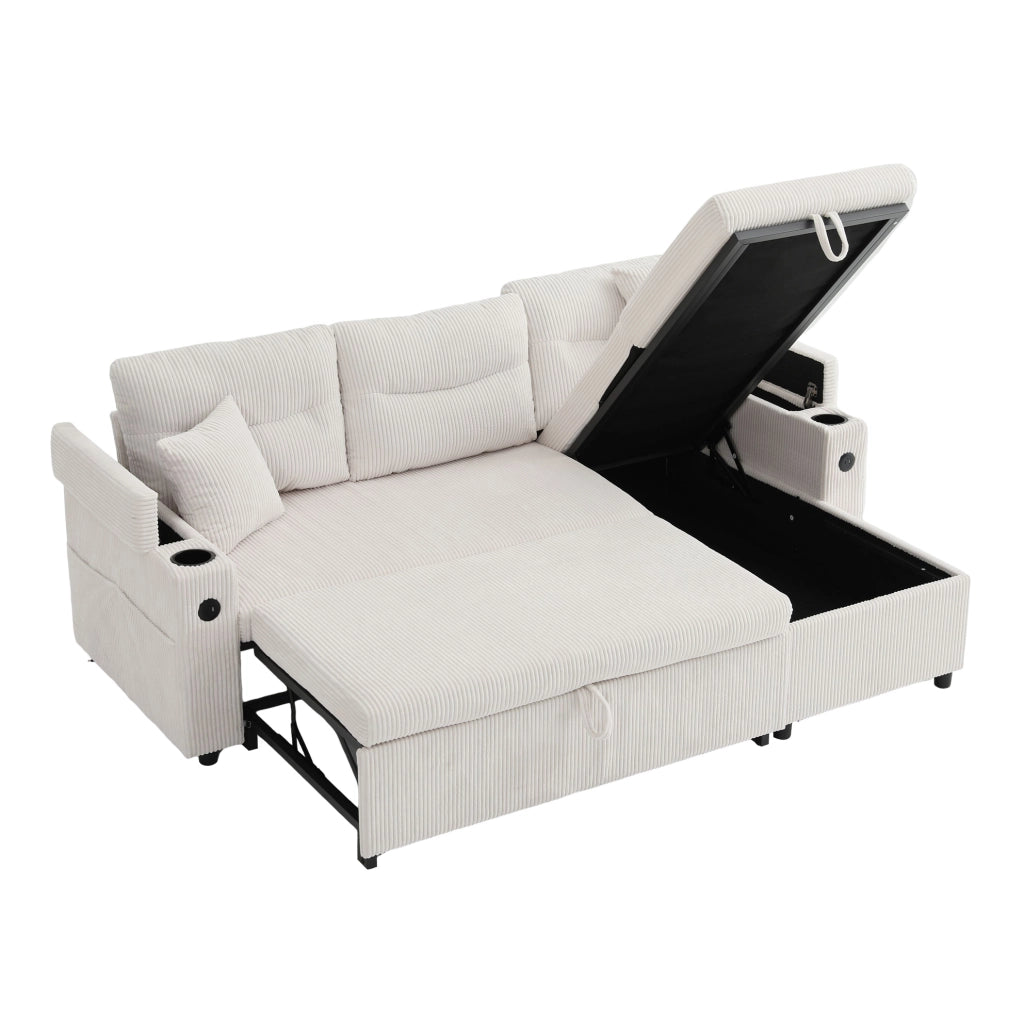 Divano 3 posti in velluto con chaise longue idraulica, contenitore, portabicchieri e USB-C, letto estraibile a cassetto 212,5x136x86 cm