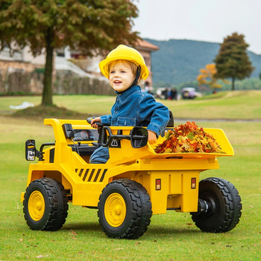 Caterpillar cavalcabile per bambini dump truck, Veicolo da costruzione elettrico da 12v con cassone basculante Giallo