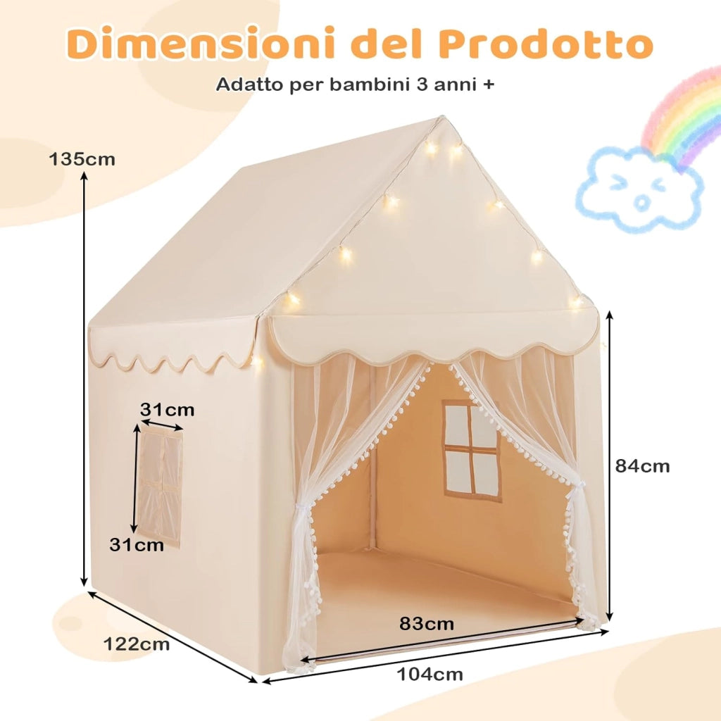Tenda da Gioco per Bambini, Tenda Castello con Tappetino Lavabile, Luci a Forma di Stella, per Interno ed Esterno, 105 x 121 x 136 cm (Stile 2 Beige)