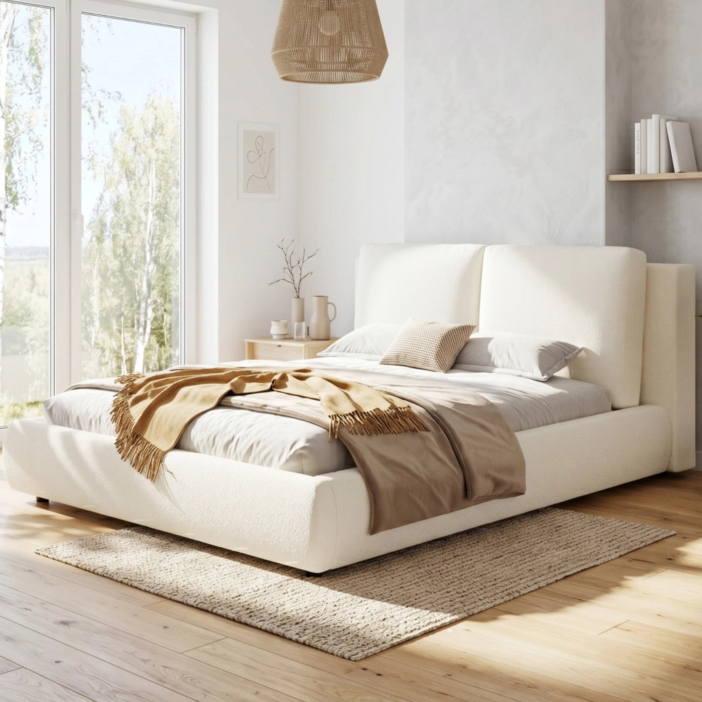Letto matrimoniale 160 × 200 cm contenitore idraulico, testiera imbottita, senza materasso, bouclé beige
