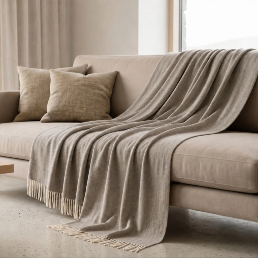 Plaid Living 130x170 cm in Cotone Blend | Coperta Leggera 250 gr/mq per Divano e Letto | Design Elegante e Tessuto Morbido | Tortora